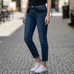 Chico's Platinum Relaxed Cropped Jeans Black Lace & Beaded Detail Size 10